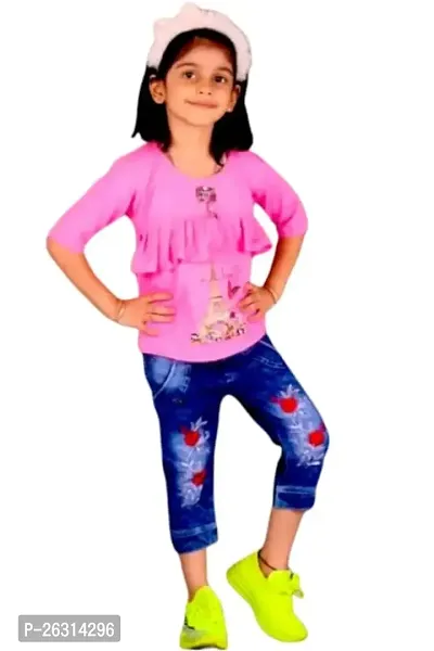 Modina Enterprises Girls Kids Crepe Regular Fit Solid 3/4 Sleeve Printed Top Jeans Set with Elegant Design-thumb0