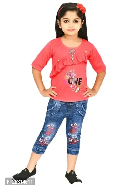 Modina Enterprises Girls Kids Crepe Regular Fit Solid 3/4 Sleeve Printed Casual Top Jeans Set with Elegant Design-thumb0