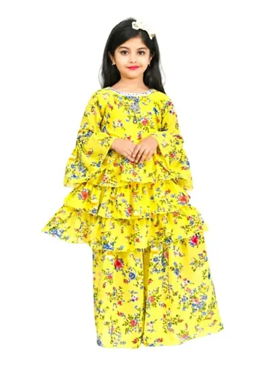 Modina Enterprises Girls Kids Chiffon Regular Fit Solid 3/4 SleeveFloral Print Top & Pant Set with Elegant Design