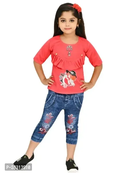 Modina Enterprises Girls Kids Crepe Regular Fit Solid 3/4 Sleeve Printed Casual Top  Jeans Set with Elegant Design-thumb0