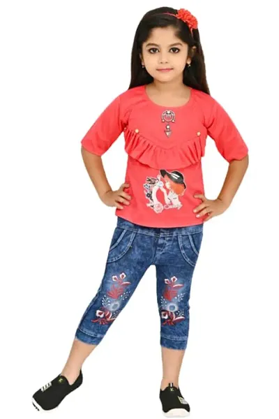 Modina Enterprises Girls Kids Crepe Regular Fit Solid 3/4 Sleeve Printed Casual Top & Jeans Set with Elegant Design