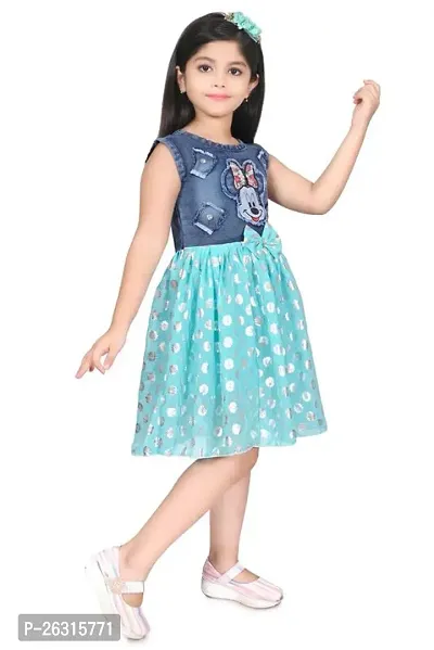 Modina Enterprises Girls Kids Denim Round Neck Short Sleeves Midi/Knee Length Frock Dress with Elegant Design-thumb3