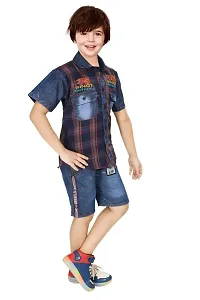 Modina Enterprises Boys Kids Denim Regular Fit Solid Striped Half Sleeves Tshirt  Pant Set with Elegant Design-thumb2