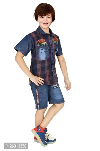 Modina Enterprises Boys Kids Denim Regular Fit Solid Striped Half Sleeves Tshirt  Pant Set with Elegant Design-thumb3