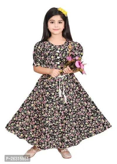 Modina Enterprises Girls Kids Cotton Blend Round Neck Graphic Printed Half Sleeves Midi/Knee Length Gown Dress with Elegant Design