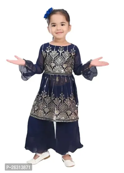 Modina Enterprises Girls Kids Georgette Regular Fit Embellished Full Sleeves Round Neck Kurta and Pallazo Set with Elegant Design-thumb0