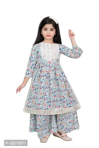 Modina Enterprises Girls Kids Cotton Blend Regular Fit Solid 3/4 Sleeve Printed Casual Kurta  Plazzo Set with Elegant Design