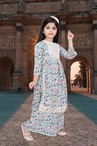 Modina Enterprises Girls Kids Cotton Blend Regular Fit Solid 3/4 Sleeve Printed Casual Kurta  Plazzo Set with Elegant Design-thumb2