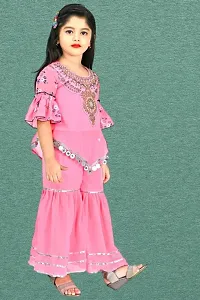 Modina Enterprises Girls Kids Georgette Regular Fit Embellished Half Sleeves Round Neck Kurta and Pallazo Set with Elegant Design-thumb2