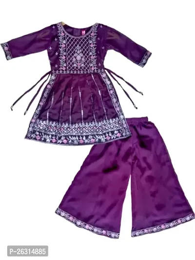 Modina Enterprises Girls Kids Georgette Regular Fit Embellished 3/4 Sleeve Round Neck Printed Ethnic Wear Kurta  Plazzo Set