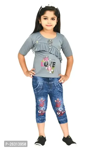 Modina Enterprises Girls Kids Crepe Regular Fit Solid 3/4 Sleeve Printed Casual Top Jeans Set with Elegant Design