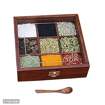 Anaya Afroz Spice Box with Spoon in Shesham Wood -Spice Box for Kitchen Indian Wood Container with Lid Decorative Masala Dabba Organizer Handmade/Spice Storage Racks Jars // 9 containers-thumb2