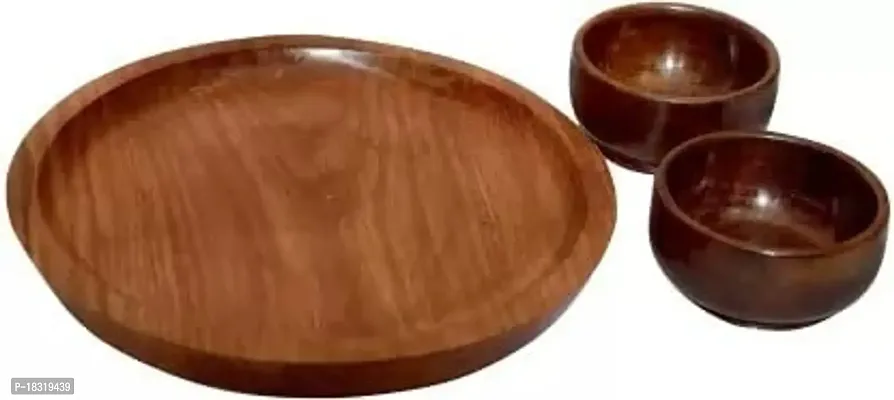 Anaya Afroz Wooden Dinner Set Decorative Plates Dinner Thali Set - Plate 2 Bowls and Spoon - Wood