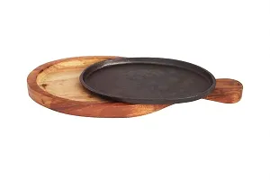 Anaya Afroz Iron Sizzler Tray Plate with Wooden Base/Oval Sizzler Tray for Serving and Dining/Platter/Sheesham Set of 1-thumb3