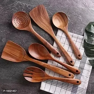 Anaya Afroz Wooden Serving Spoons Set of 6 Sheesham Wood Wooden Cooking Serving Spoons Spatulas Utensils Heat Resistant Non-Stick Comfortable Grip Smooth Cooking Utensils-thumb0