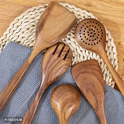 Anaya Afroz Wooden Oval Spatula | Wooden Scoup Non Stick | One Piece Cooking Serving Spoon | Kitchen Tools Utensil, Large Size Set of 5-thumb3