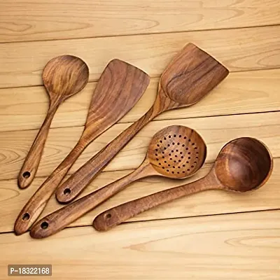 Anaya Afroz Wooden Spoon Natural Handmade Cooking Spoon Set of 5 || Frying Spoon Ladles  Turning Spatula || Non-Stick Spoon Set for Cooking || Kitchen Tools (Natural)