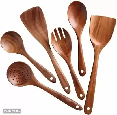 Anaya Afroz Wooden Serving Spoons Set of 6 Sheesham Wood Wooden Cooking Serving Spoons Spatulas Utensils Heat Resistant Non-Stick Comfortable Grip Smooth Cooking Utensils-thumb2