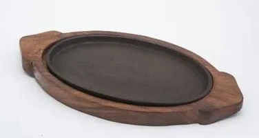 Anaya Afroz sizzler Plate with Wooden Oval Base with Dish (13X7 inches Brown)-thumb2