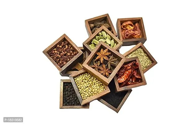 Anaya Afroz Spice Box with Spoon in Shesham Wood -Spice Box for Kitchen Indian Wood Container with Lid Decorative Masala Dabba Organizer Handmade/Spice Storage Racks Jars // 9 containers-thumb3