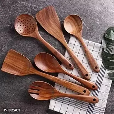 Anaya Afroz Wooden Kitchen Utensils Set, 6 PCS Wooden Spoons for Cooking,Wooden Cooking Utensils,Natural Teak Wooden Spoons for Non-Stick Pan