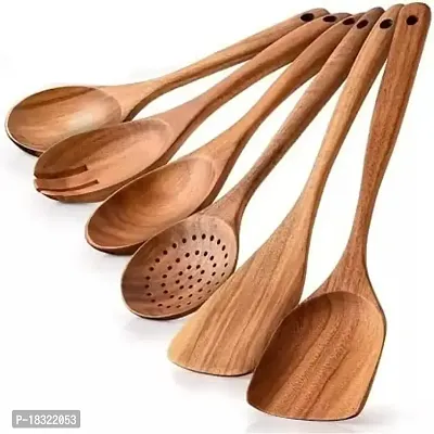 Anaya Afroz Wooden Kitchen Utensils Set, 6 PCS Wooden Spoons for Cooking,Wooden Cooking Utensils,Natural Teak Wooden Spoons for Non-Stick Pan-thumb2