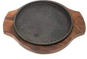 Anaya Afroz Cast Iron Sizzler Tray Brownie Plate with Wooden Base 6 Inch (Sheesham)-thumb3