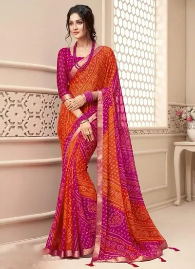 Bandhani Printed Chiffon Sarees with Blouse piece