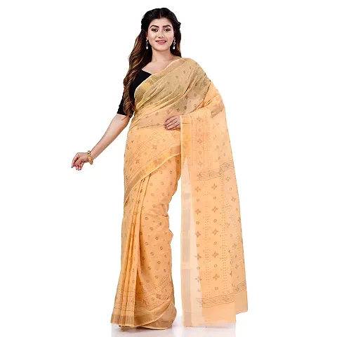 Bengal Tant Women`s Bengal Tant Kerala Print Design Pure Handloom Saree Without Blouse Piece (Golden)