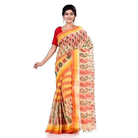 Raj Saree House Women's Traditional Pure Cotton Bengali Print Handloom Tant Saree (Without Blouse Piece)