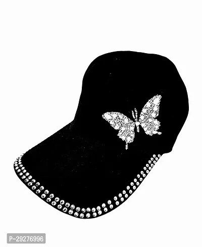 Designer Black Cap With Shiny Butterfly On Side For Women