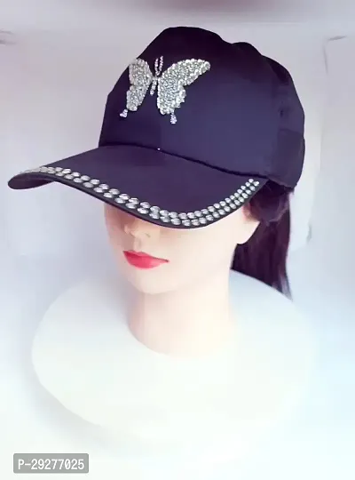 Stylish Black Cap For Women With Butterfly Design