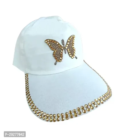 Stylish White Cap For Women With Golden Butterfly Design-thumb0
