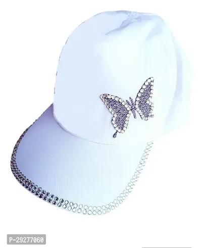 Designer White Cap For Women With Butterfly Design On Side