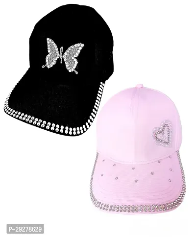 Latest Designer Pink  Black Caps Combo Pack of 2 For Women