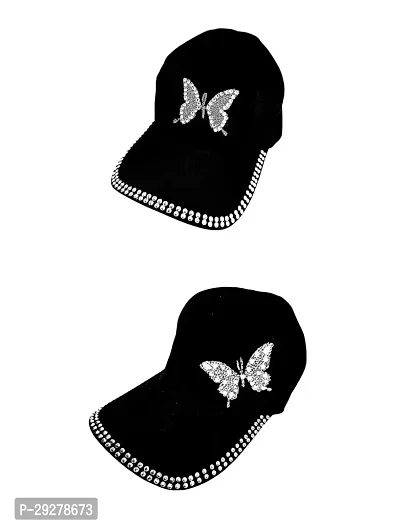 Classy Designer Black Caps With Front  Side Butterfly Design Combo Pack of 2 For Women
