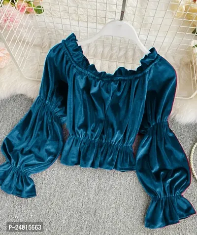 Elegant Blue Cambric Cotton Top For Women