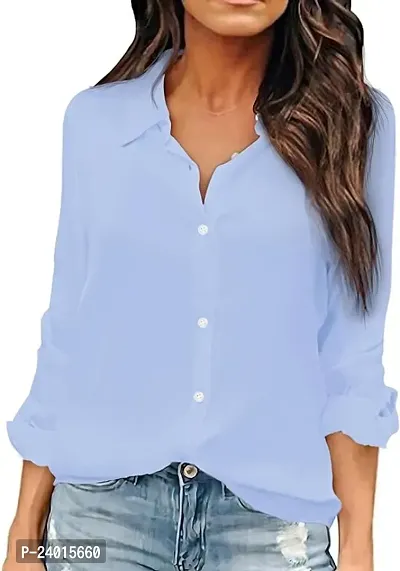 Elegant Blue Cambric Cotton Shirt For Women