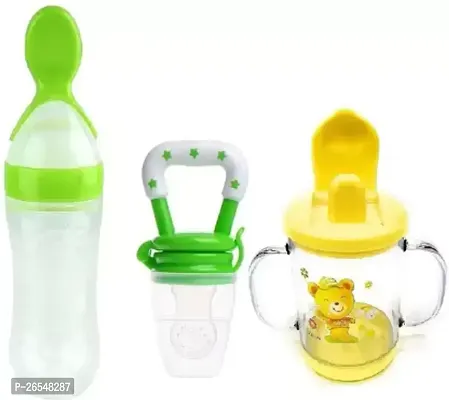 Combo of 3 Baby Safe Silicone Squeeze Fresh Food Feeder Bottle with Food Dispensing Spoon, Infant Food Nibbler Teething Toy Feeding Pacifier and Plastic Sipper Cup-240ml  (Multicolour)-thumb0