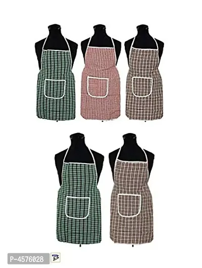 Multicolor Check Design Cotton Kitchen Apron with Front Utility Pocket (Pack of 5) Color As Per Availability-thumb0