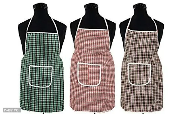 Designer Check Design Cotton Waterproof Kitchen Apron with Front Pocket Set of 3 Pcs-thumb0