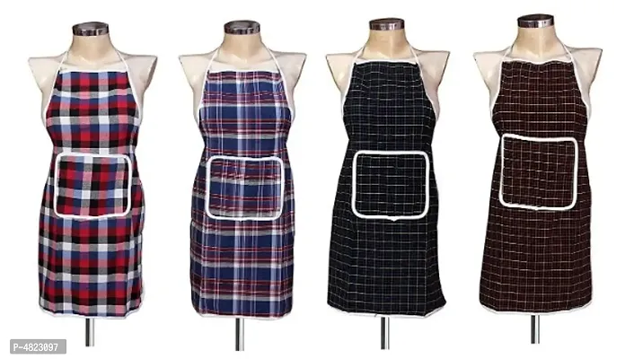 Multicolor Check Design Cotton Kitchen Apron with Front Utility Pocket (Pack of 4)