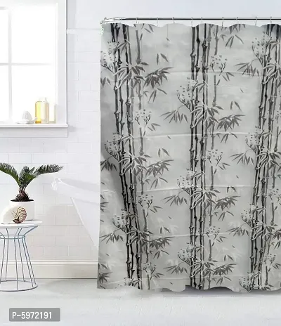 Bamboo Design PVC Shower Curtain Set of 2  with 16 Hooks, Grey Color, 7 Feet