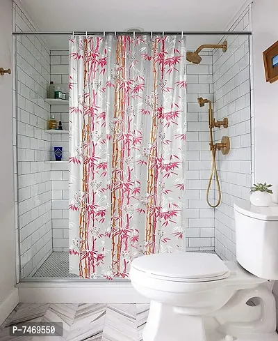 Bamboo Leaf Design Waterproof Shower Curtain for Bathroom, 7 Feet PVC Curtain with 8 Hooks &ndash; 54&rdquo;x 84&rdquo; Inches (Pink)-thumb0