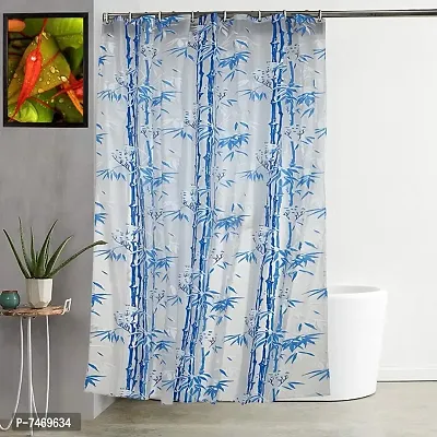 Bamboo Leaf Design Waterproof Shower Curtain for Bathroom, 7 Feet PVC Curtain with 8 Hooks &ndash; 54&rdquo;x 84&rdquo; Inches (Blue)-thumb0