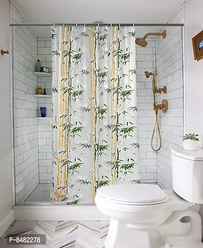 Bamboo Design PVC Shower Curtain 7 Feet with Hooks (7 FEET Green Set of 2)-thumb0