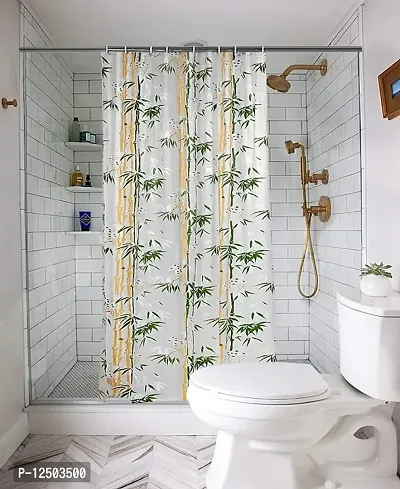 Bamboo Design PVC Shower Curtain Set of 1 with 8 Plastic Hooks (Green)-thumb0