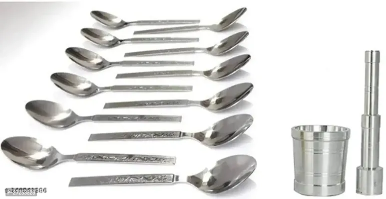 YUG's Combo of Stainless Steel Khalbatta Okhli Khal Musal Dasta with 12 Pieces Spoon and Stainless Steel Dinner Cutlery Set