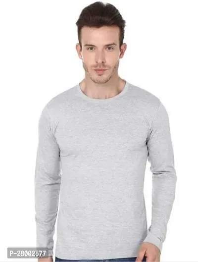 Stylish Grey Polycotton Solid Full Sleeve Round Neck Tees For Men