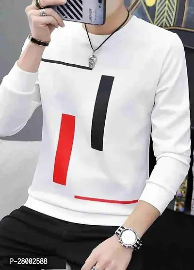 Stylish White Polycotton Self Pattern Full Sleeve Round Neck Tees For Men